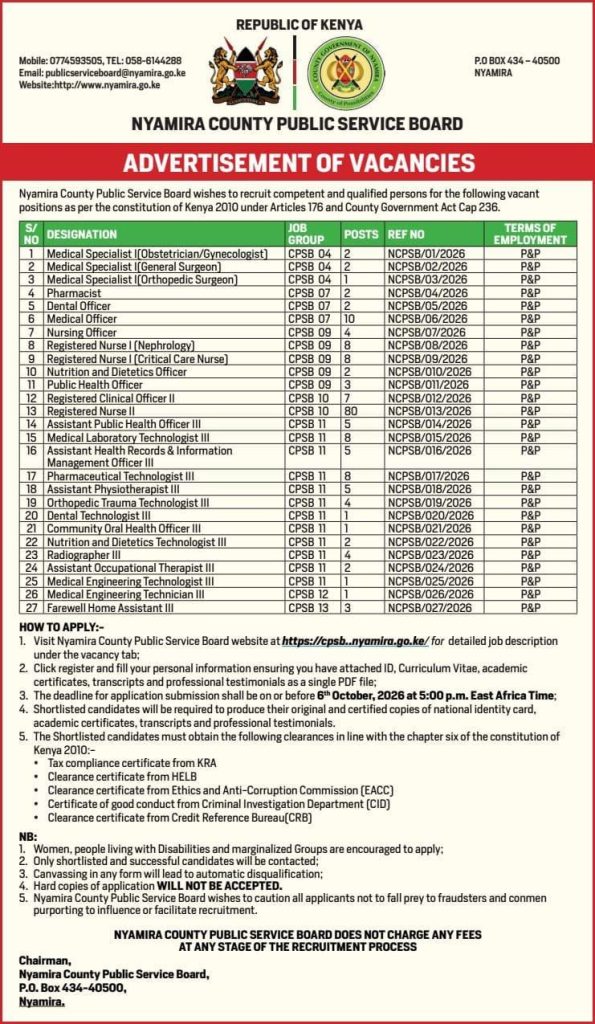 “Extract from the Nyamira County Public Service Board recruitment advertisement listing 179 vacancies across 27 health-related job categories